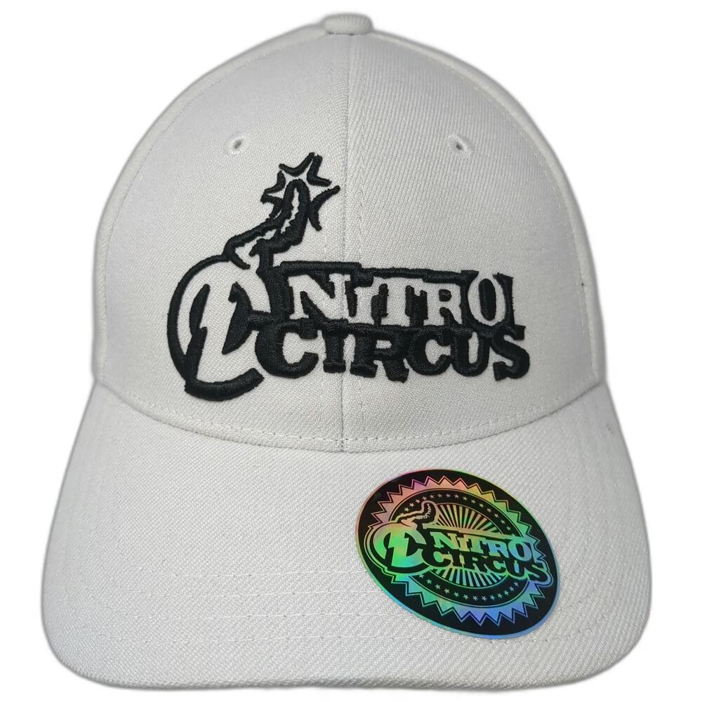 Nitro Circus Action Sports Baseball Cap White 7 5/8 Fitted Hat Bomb Logo Graphic